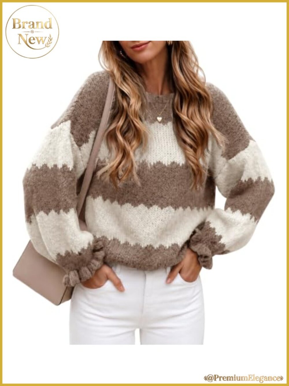 Striped Color Block Ruffle Puff Sleeve Pullover Sweater Fall Winter